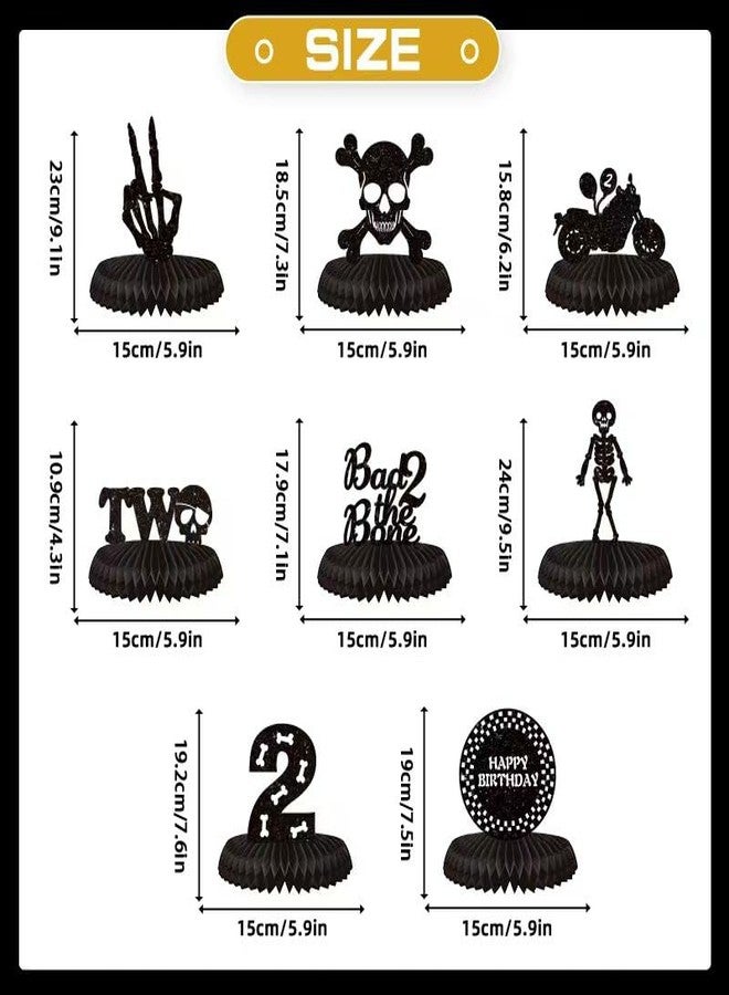 Koeilay 8 Pcs Bad Two The Bone Birthday Party Decoration Rock and Roll Themed Honeycomb Table Centerpiece Glitter Black 2nd Birthday Decor Skeleton Cake Topper for 2 Year Old Birthday Party - Image 2